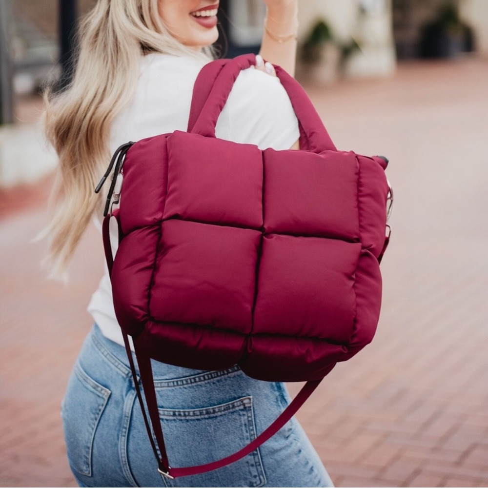 Katydid Wine Mini Puffer Tote Bag Burgundy Quilted Crossbody NWOT